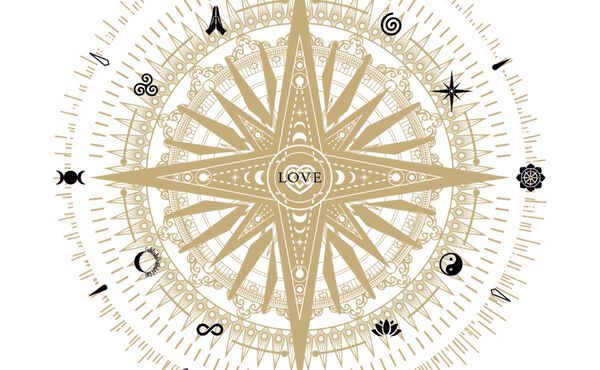 Illustration dorée inspirée d’une boussole de The Book of Rituals, représentant une vie riche de sens avec le mot « LOVE » en son centre.